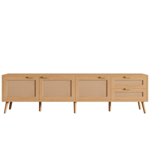 70.87 inch Natural Wood PE Rattan TV Stand 2 Drawer Media Console Fits Up To 80 Inch TV