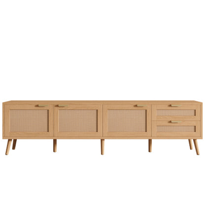 70.87 inch Natural Wood PE Rattan TV Stand 2 Drawer Media Console Fits Up To 80 Inch TV