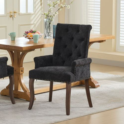 Upholstered Chenille Arm Dining Chair, Tufted Accent Chair with Curved Solid Wood Legs, Black, Single Pack