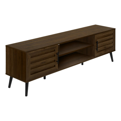 72 Inch Transitional Brown Laminate TV Stand with Black Wood Legs & Dual Storage Cabinets