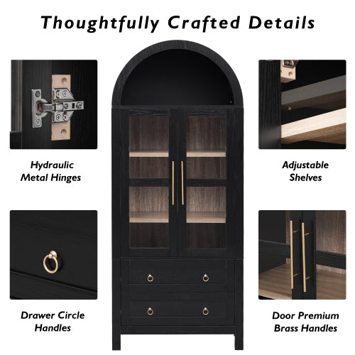 71 Inch Black Arched Glass Door Kitchen Pantry Storage Cabinet