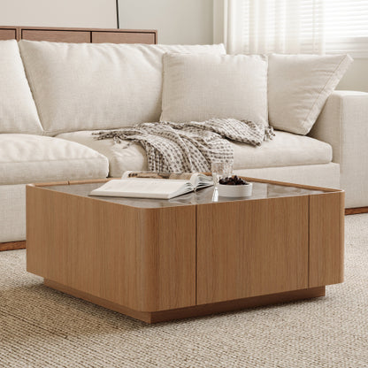 Square Glass Coffee Table Walnut Frame Storage Drawers Modern Living Room Table