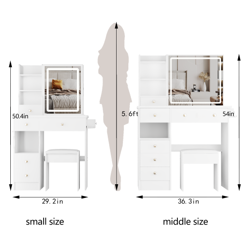 29.2" Small Size Drawer Desktop Vanity Table + Cushioned Stool, 2 AC+2 USB Power Station, Hair dryer bracket, Extra Large Touch Control Sliding LED Mirror, 3-color Switching, EPA, GCC, UL Certificate