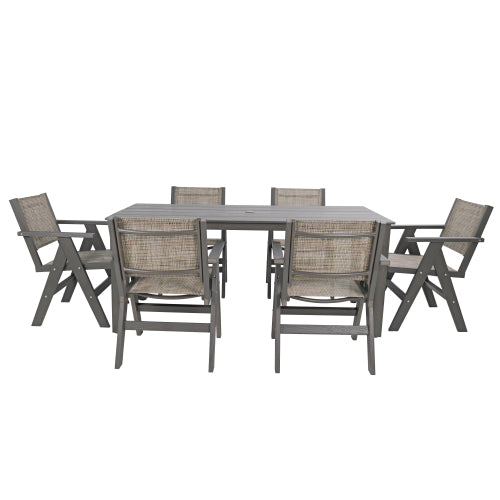 A wooden-textured imitation wood dining table, simple yet with a high quality feel. It has a small tabletop and is perfect for outdoor picnics. Charcoal gray, 68.9 inches.