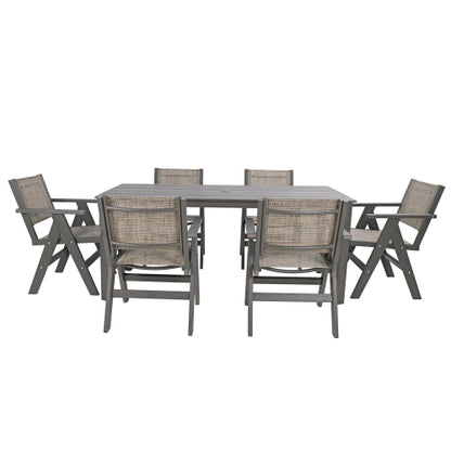 A wooden-textured imitation wood dining table, simple yet with a high quality feel. It has a small tabletop and is perfect for outdoor picnics. Charcoal gray, 68.9 inches.