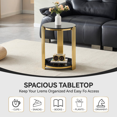 16.9inch  Double-Layer Black Tempered Glass & Gold Steel End Table