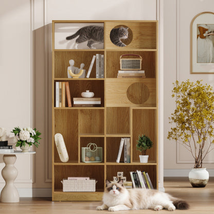 Modern Cat House Bookshelf with Storage and Litter Box Natural