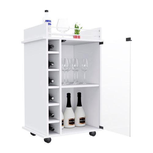 Bar Cart, Glass Door, Four Casters, Two Shelves, White