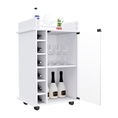 Bar Cart, Glass Door, Four Casters, Two Shelves, White
