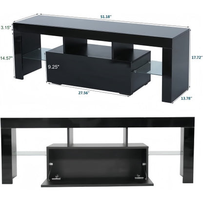 Black High Gloss UV LED TV Console, Flip Door Glass Shelf Stand for Up to 55 Inch TV
