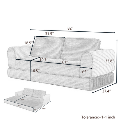 2-in-1 Folding Convertible Sofa Bed, Modern Corduroy Sleeper Couch with 2*pillows, Futon Modular Upholstered Boneless Sofa with Pull-Out Bed,Folding Floor Modular Couch for Living Room Black