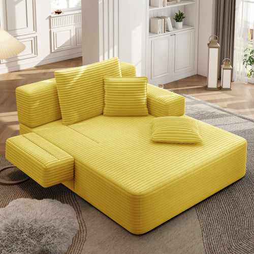 Oversized Yellow Corduroy Convertible Sofa Bed w/Storage Pockets