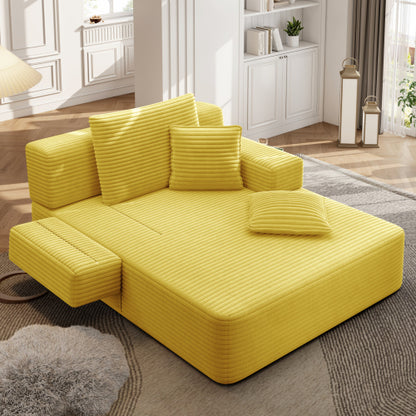 Oversized Yellow Corduroy Convertible Sofa Bed w/Storage Pockets