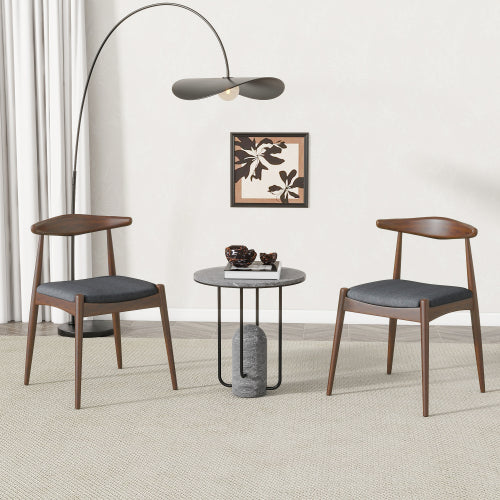 Set of 2 Walnut + Charcoal Retro Rubberwood Dining Chairs, Ergonomic Arched Back TSCA Foam 300lbs Capacity