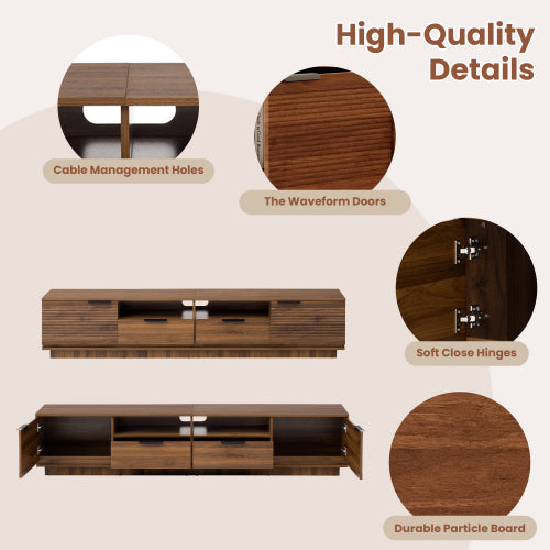 78.7 inch Walnut Wave Fluted TV Stand Legless Media Console Fits Up To 85 Inch TV