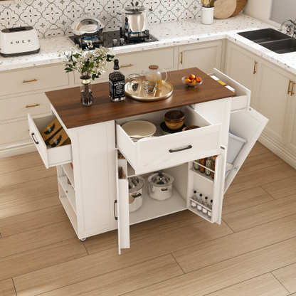 46 inch Kitchen Island on Wheels with Storage & Power Outlet - Movable Rustic Breakfast Bar Table, Wood Top with Adjustable Shelf & Drawer for Kitchen Dining Living Room, White