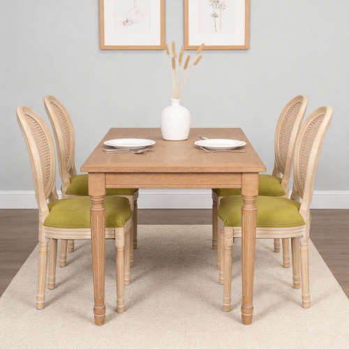 Set of 2 Green French Country Rattan Round Back Dining Chairs, Full Solid Wood Frame Disassemblable Side Chairs
