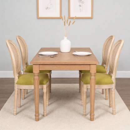 Set of 2 Green French Country Rattan Round Back Dining Chairs, Full Solid Wood Frame Disassemblable Side Chairs