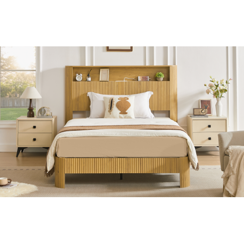Full Extra Long(Full XL) Size bed frame with storage headboard, built-in charging station, wavy curved lines design, silent operation, metal support, Natural