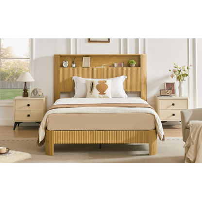 Full Extra Long(Full XL) Size bed frame with storage headboard, built-in charging station, wavy curved lines design, silent operation, metal support, Natural