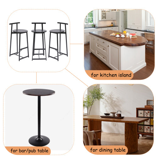 27inch H Barstool Set of 3 Wooden Round Bar Stools with Footrest Modern Kitchen Chairs for Counter (Black & Black)