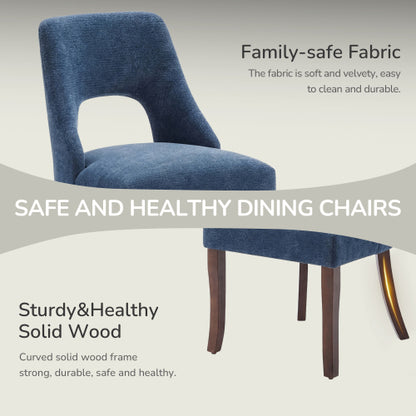 Set of 2 Navy Tufted Chenille Dining Chairs, Curved Rubberwood Legs 300lbs Capacity Space Saving Compact Design