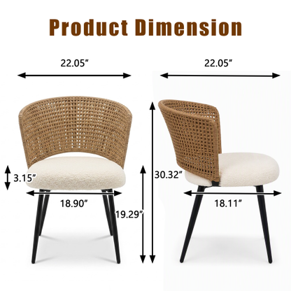 PE Rattan Dining Chairs with Teddy Cushions and Metal Legs, Set of 2, Beige/Brown