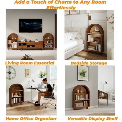 Walnut Arched Top 3-Tier Open Bookshelf Glaze Finish Storage Cabinet for Living Room Entryway Bedroom