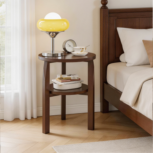 Solid Rubberwood 2-Tier Round End Table, Open Shelf Accent Side Table for Living Room Bedroom