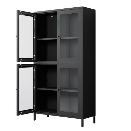Black Classic 4-Glass-Door Metal Storage Cabinet Adjustable Shelf Home Office Display Cabinet