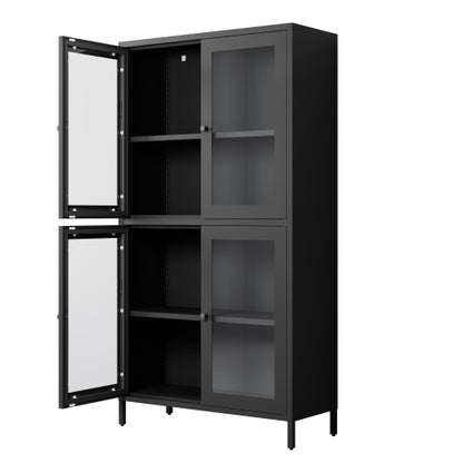 Black Classic 4-Glass-Door Metal Storage Cabinet Adjustable Shelf Home Office Display Cabinet