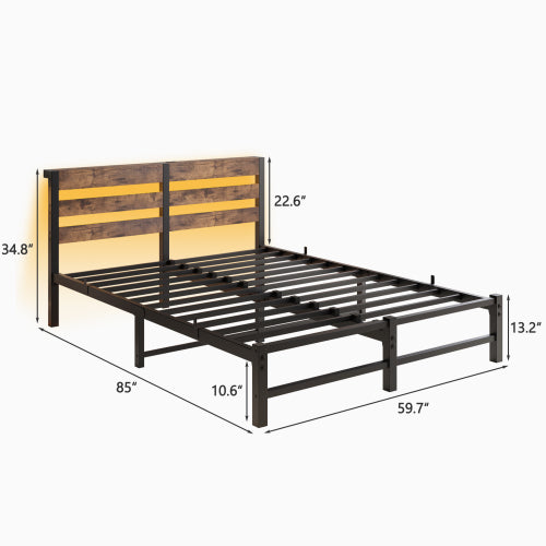Queen Size  Metal Bed Frame with Wooden Headboard, RGB Lights,Charger, Storage Shelf, Noise-Free, No Box Spring Needed,Rustic Brown