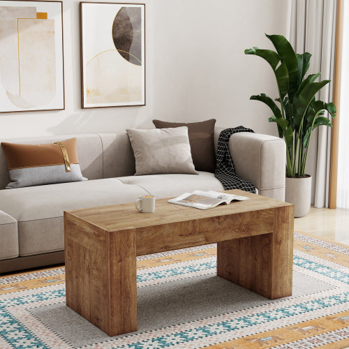 48 Inch Farmhouse Wooden Coffee Table with Hidden Drawer, Natural Wood