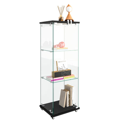 Modern Glass Display Cabinet with LED lights, Quick-assembly Antique Cabinet, Tempered Glass Bookshelf, Suitable for Living Room and Bedrooms, 1-door 3-shelf, Black
