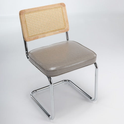 Set of 2 Mid-Century Cane Rattan Dining Chairs, Solid Wood Frame, Olive Faux Leather Seat, Cantilever Chrome Metal Base