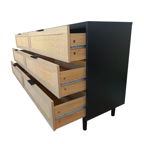 59 Inch Black Rattan 6 Drawer Storage Cabinet Dresser for Bedroom Living Room Anti Tip