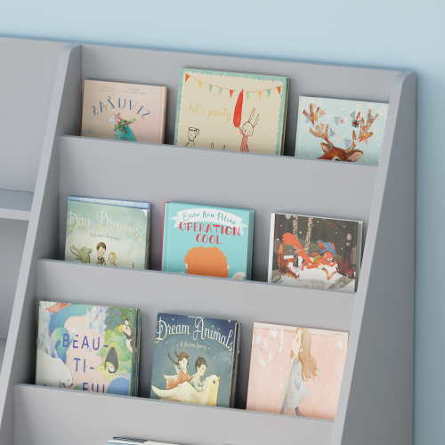 Gray 4-Tier Multi-functional Kids MDF Bookshelf, 2-Shelf 1-Bin Toddler Playroom Storage Organizer