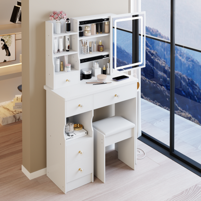 29.2" Small Size Drawer Desktop Vanity Table + Cushioned Stool, 2 AC+2 USB Power Station, Hair dryer bracket, Extra Large Touch Control Sliding LED Mirror, 3-color Switching, EPA, GCC, UL Certificate