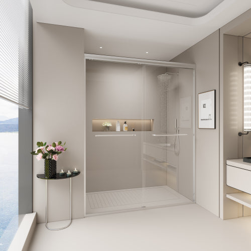 56-60 in. W x 72 in. H Double Sliding Shower Door, Semi-frameless Bypass Bathroom Sliding Door with 1/4" (6mm) Tempered Glass for Walk-in Shower, Brushed Nickel 24D03-60BNX