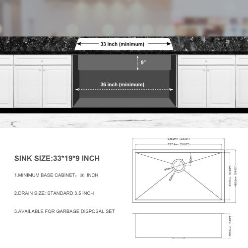 33 Inch Undermount Sink - 33" x 19" x 9" Undermount Stainless Steel Kitchen Sink 16 Gauge 9 Inch Deep Single Bowl Kitchen Sink Basin, Includes Drain Assembly (No Additional Accessories)