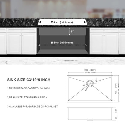 33 Inch Undermount Sink - 33" x 19" x 9" Undermount Stainless Steel Kitchen Sink 16 Gauge 9 Inch Deep Single Bowl Kitchen Sink Basin, Includes Drain Assembly (No Additional Accessories)