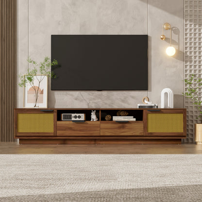 78.74 inch Walnut 2 Rattan Door 2 Drawer Legless TV Stand Open Shelf Media Console Supports 85 inch TV