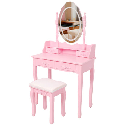 Pink Princess Vanity Desk Set with Mirror & Cushioned Stool,Light Modes,4-Drawer Wooden Makeup Vanity Table for Girls' Bedroom, Dressing Table with Ample Storage