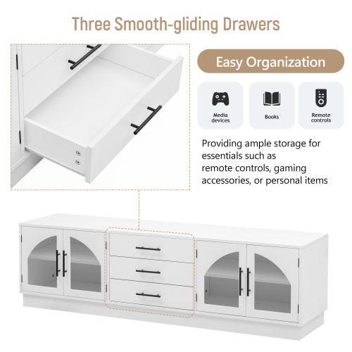 68.9 Inch Minimalist MDF TV Stand Arched Glass Doors 3 Drawers 2 Cabinets for TVs Up To 75 Inch