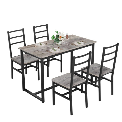5-Piece Gray & Black Farmhouse Dining Set, MDF & Metal Table with 4 Backrest Chairs