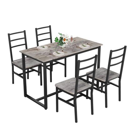 5-Piece Gray & Black Farmhouse Dining Set, MDF & Metal Table with 4 Backrest Chairs