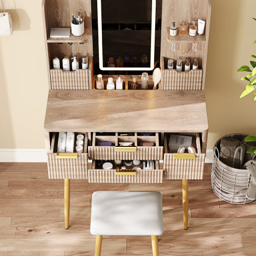 4-Drawer Vanity Desk with LED Mirror & Carved Details, Fluted Makeup Table with Metal Legs and PU Stool, Carved Dressing Table with Jewelry Storage for Bedroom