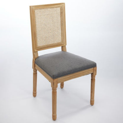 Set of 2 Gray French Louis Square Rattan Back Carved Solid Wood Dining Chairs, Antique Paint Frame 300 LBS Capacity