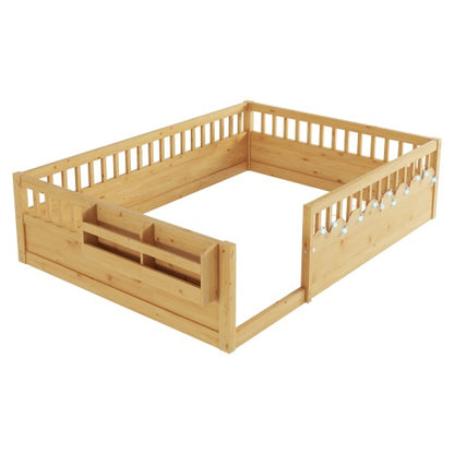 Full Montessori Floor Bed Frame with High Rails, Wood Kids Floor Beds with Light and Storage Shelf, Natural