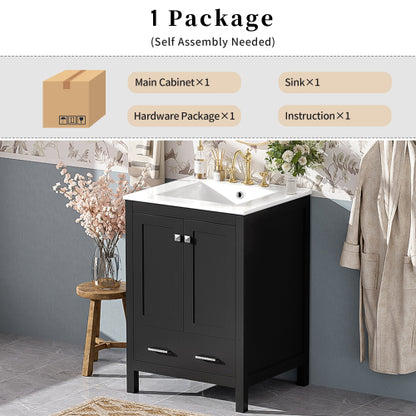 24-inch bathroom vanity with integrated undermount basin and a storage cabinet featuring 2 doors and 1 drawer. Includes double-layer door shelf, soft-close design, and versatile storage solutions